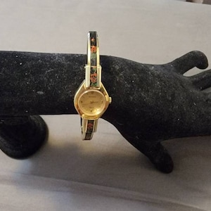 Vintage Bucherer Gold Plated Enamel Flower Design Quartz Cuff Bracelet Watch