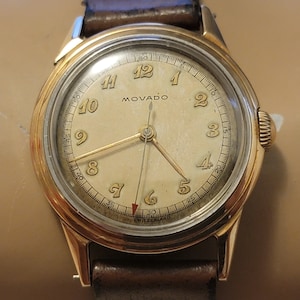Rare Vintage Movado 14K Gold Cap Bezel Swiss Made Military Manual Wind Men's Watch