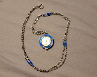 Rare Vintage Hamilton Sterling Silver Blue Enamel Pink Flowers Design Manual Wind Pendant Watch