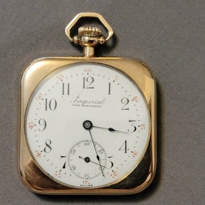 Rare Antique Imperial Gold Filled 15 Jewels Swiss Made Square Manual Wind Men&#39;s Pocket Watch