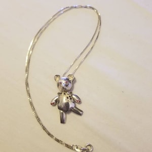 Vintage Sterling Silver 18&quot; Chain & Black And Pink Stone Teddy Bear Pendant