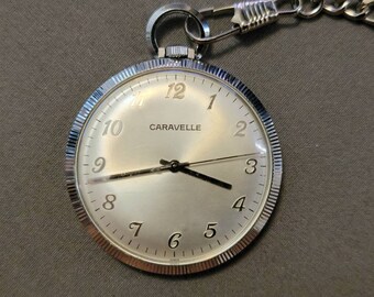 Vintage Caravelle Stainless Steel Manual Wind Pocket Watch