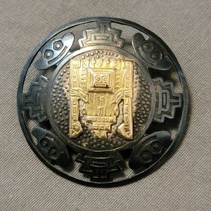 Antike Sterling Silber & 18K Gold Azteken Brosche/Anhänger