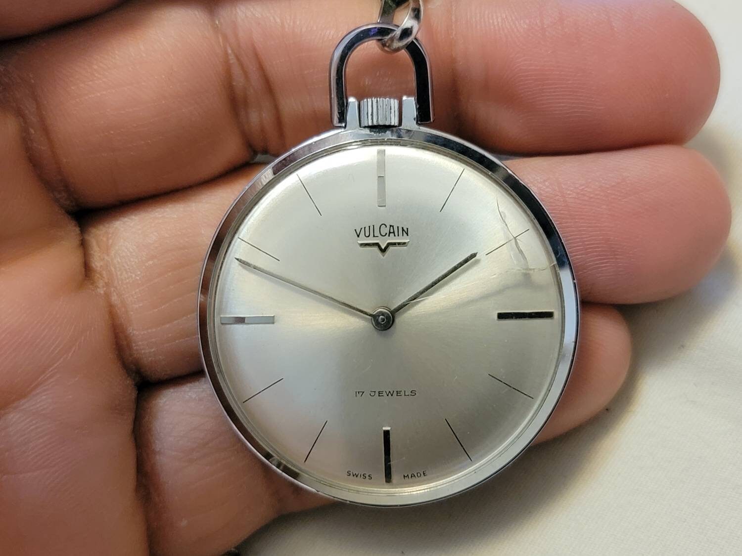 Rare Vintage Vulcain 17 Jewel Stainless Steel Men's Pocket