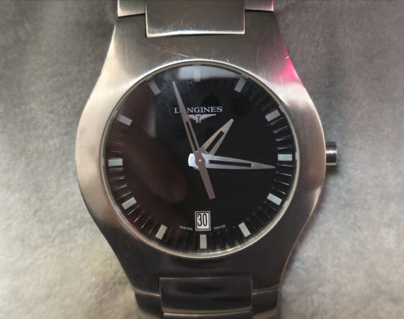 Vintage Longines Opposition L3.617.4 Stainless Steel Swiss Made Black Dial Quartz Men's Watch