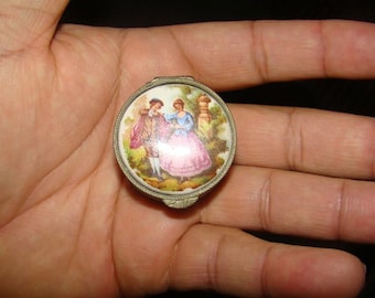 Vintage Snuff Pill box porcelain lid victorian couple