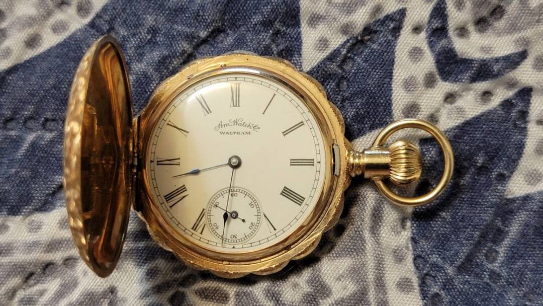 ウォルサムの華麗な撫子色の金無垢アンティーク懐中時計 【1900