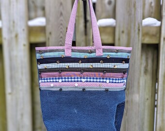Upcycled tote bag from old jeans and dress shirts, one of a kind shoulder bag, handmade purse, made in Canada