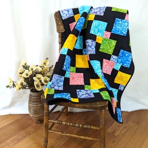 Disappearing Four Patch Quilt, Bright Batik Blocks, Lap Quilt, Wall Hanging, Handmade Canada