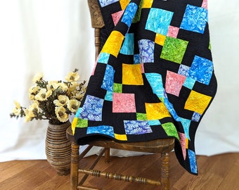 Brightly Coloured Blocks on Black Quilt, lap quilt, handmade baby blanket, Handmade in Canada, shower gift, table topper, wall hanging