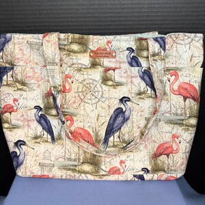 Everglades Shore Birds Shoulder Bag - Colorful Herons and Flamingos on a Nautical Beach, Travel Bag, overnight bag, pool bag, 16x 13