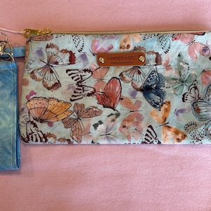 Handmade Butterfly Zipper Pouch: Wristlet Strap, Makeup Bag, Phone Clutch