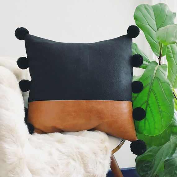 Modern Boho Faux Leather Pom Pom Throw Pillow