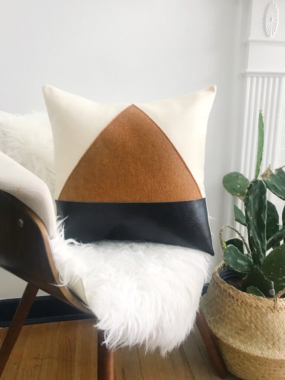 Rust And Black Leather Felt Triangle Color Block Modern Throw Etsy