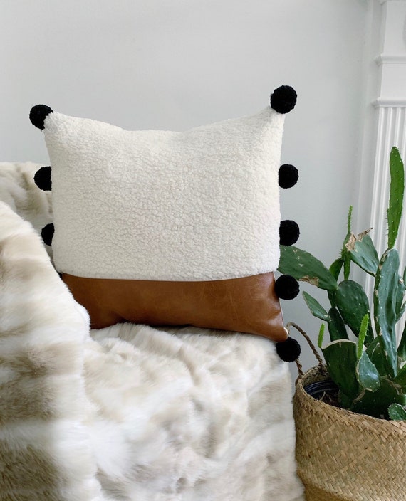 Modern Bohemian Black Leather Pom Pom Throw Pillow