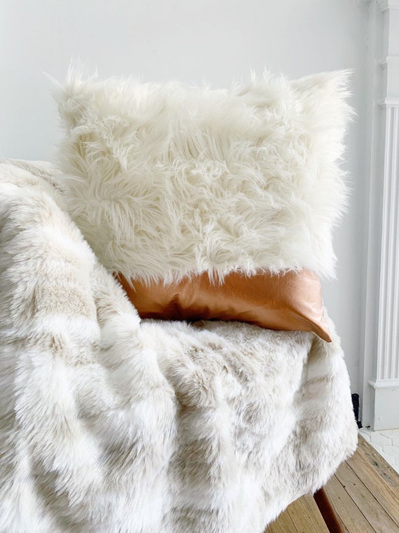 White Faux Fur Copper Faux Leather 18 x Faux Fur Pillow Cover Off White faux