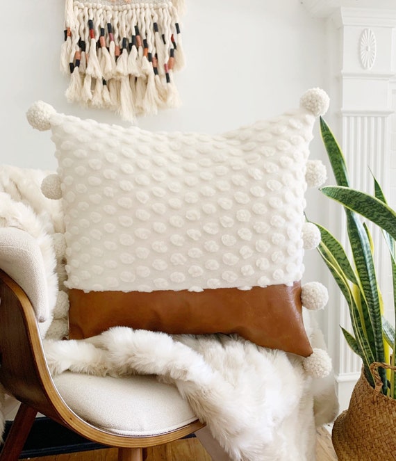 Ivory White Polka DotFaux Fur Bohemian Pom Pom Pillow Ivory | Throw pillows