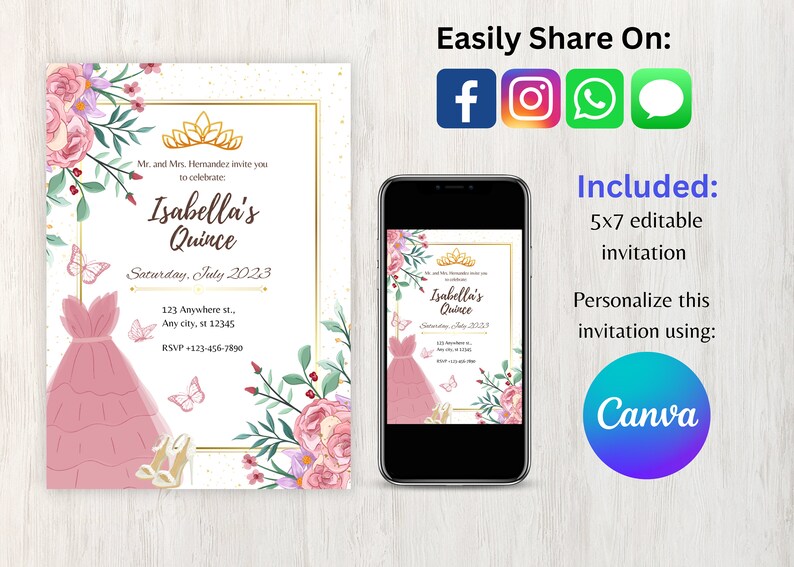 Editable Quince Invitation Canva Template Quince Invite Instant Download Teenager Birthday