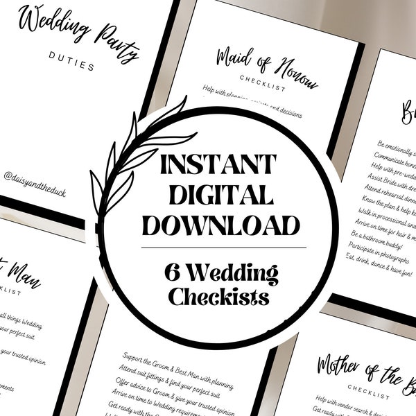 Minimalist Black + White Wedding Party 6 CHECKLISTS Editable CANVA template Best Man, Maid of Honour, Bridesmaid, Groomsmen Duties Printable