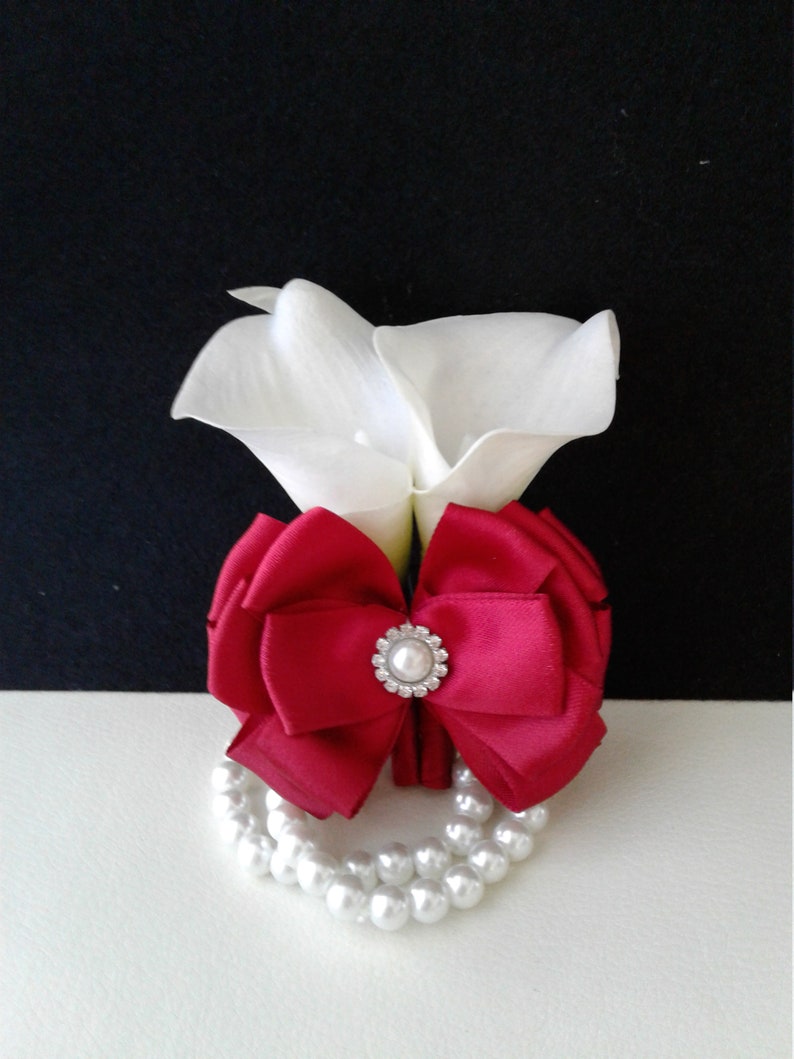 Red and White Real Touch Calla Lily Corsage-Ready to ship Corsage and Boutonniere Set