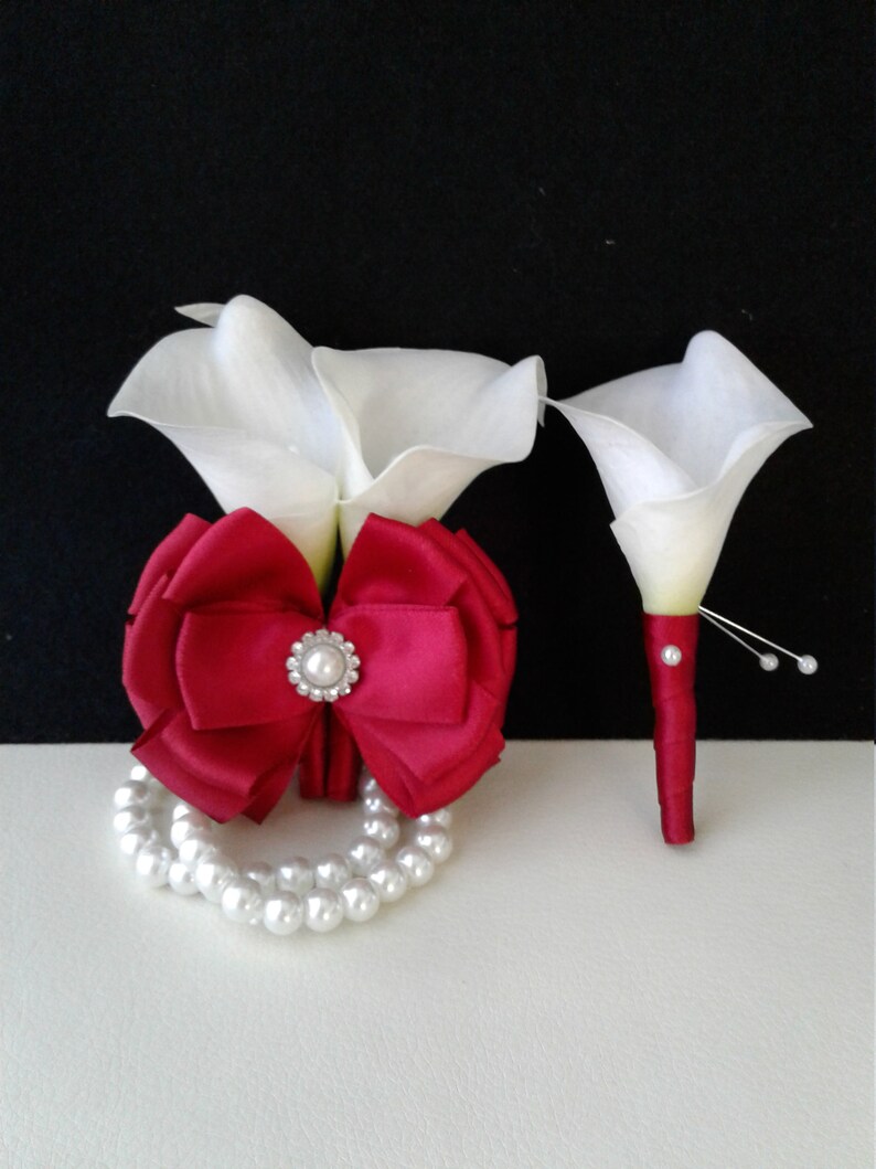 Red and White Real Touch Calla Lily Corsage-Ready to ship Corsage and Boutonniere Set