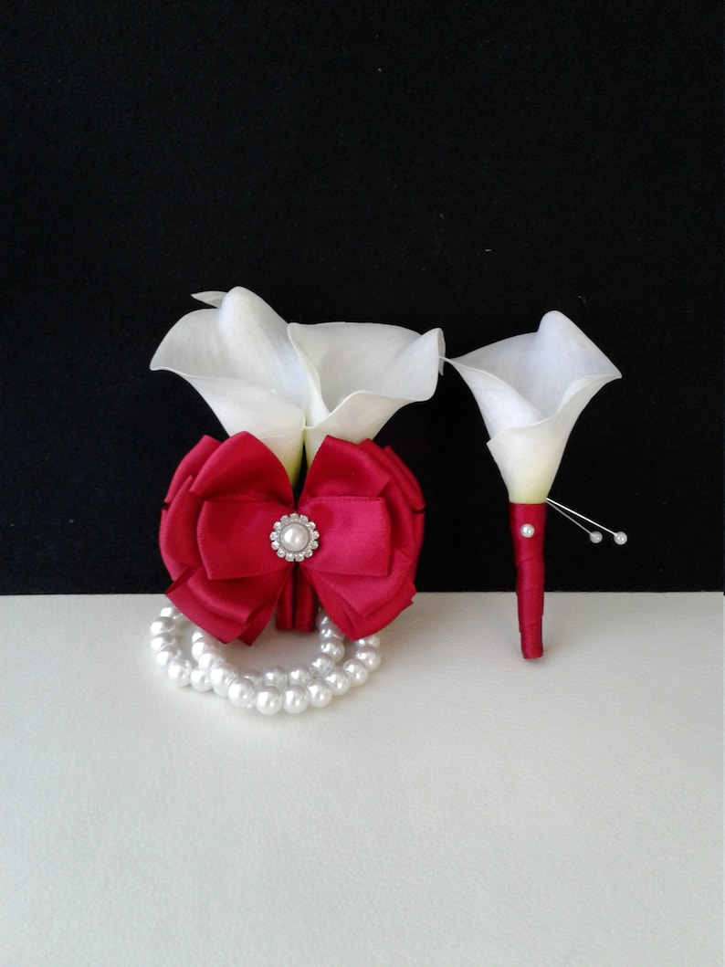 Red and White Real Touch Calla Lily Corsage-Ready to ship Corsage and Boutonniere Set