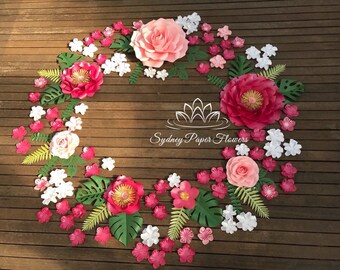PINK FLAMINGO Paper flower WREATH/Paper flower wall/Wedding Backdrop/Bridal Baby shower/Nursery decor/Christening/Sweet16/Holy communion