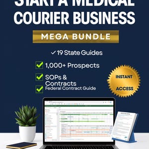 Könnte beinhalten: Ein digitales Produktpaket mit dem Titel Start a Medical Courier Business Mega Bundle. Es enthält 19 staatliche Leitfäden, über 1.000 Interessenten, SOPs, Verträge und einen Leitfaden für Bundesverträge. Ein goldenes Siegel zeigt die Aufschrift Instant Access.