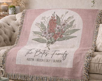 Personalized Birth Flower Woven Blanket | Floral Boho Cotton Throw for Mom, Grandmother, Mother's Day Gift, Custom Family Tapestry Keepsake