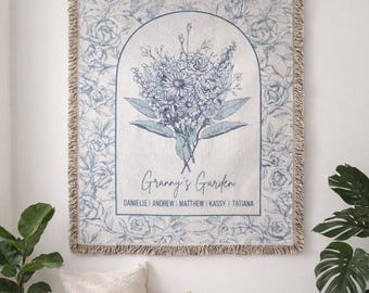Personalized Birth Flower Woven Blanket | French Toile Cotton Throw for Mom, Grandmother, Mother's Day Gift, Custom Family Tapestry Keepsake