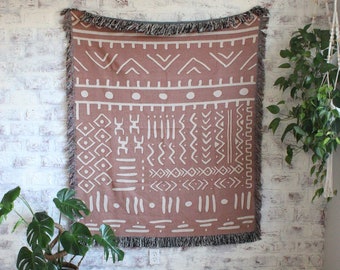 Mud Cloth Blanket | African Mudcloth Tapestry Woven | Terracotta Boho Blanket | Tribal Decor | Aztec Decor Tapestry