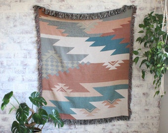 Southwest Blanket | Tribal Aztec Woven Tapestry | Terracotta Boho Blanket | Tribal Decor | Western Decor Tapestry