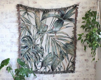 Palm Leaf Blanket | Plant Print Woven Blanket | Tropical Plant Blanket Woven | Boho Tapestry Decor | Plant Decor Tapestry | Plant Lover Gift