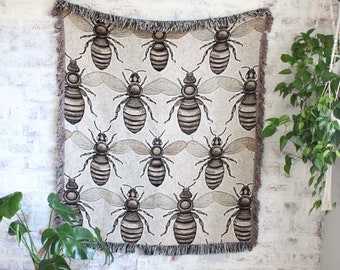 Bumble Bee Blanket | Bee Print Tapestry | Bee Blanket Woven | Cottagecore Blanket | Insect Decor