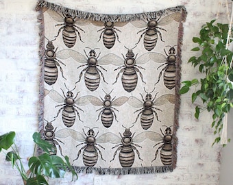 Bumble Bee Blanket | Bee Print Tapestry | Bee Blanket Woven | Cottagecore Blanket | Insect Decor