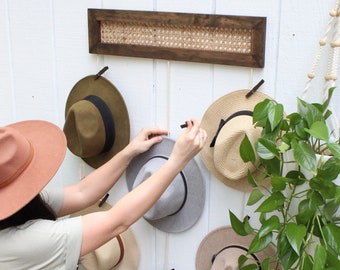 Organizador de chapéus de vime - Rack de chapéus Boho - Armazenamento de chapéus - Suspensão de parede para chapéus - Decoração de casa de vime