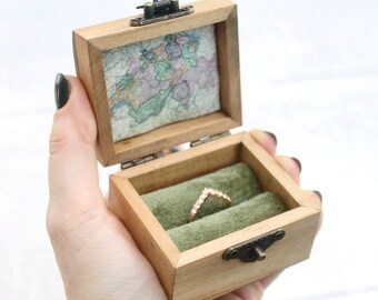 Custom Printed Map Ring Box - Wood Ring Box - Proposal Box - Vintage Ring Box - Engagement Ring Box - Velvet Ring Box - Ring bearer box