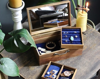 Acacia Wood Jewelry Box - Custom Velvet Jewelry Storage Case, Wooden Jewelry Organizer, Heirloom Gifts for Women