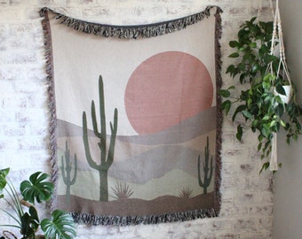 Cactus Desert Blanket | Southwestern Woven Tapestry | Terracotta Boho Blanket | Desert Sunset Landscape | Western Decor Blanket | Boho Decor