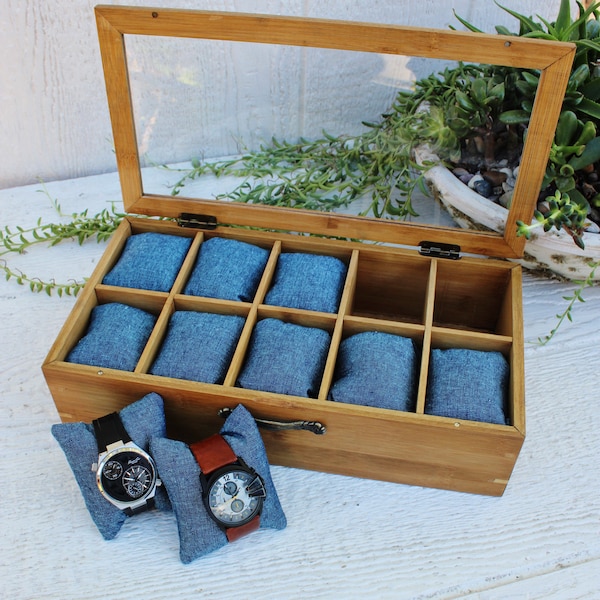 Watch Box - 10 Compartment - Watch Organizer- Men's Valet - Gifts for Men - Gifts for Women- Groomsmen Gift - Compartment Watch Box