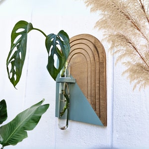 Può includere: Un portavasi da parete in legno con un design geometrico blu chiaro. Un vaso di vetro trasparente a forma di provetta contiene una piccola pianta con foglie verdi.