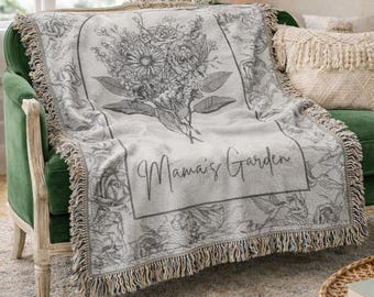 Personalized Birth Flower Woven Blanket | French Toile Cotton Throw for Mom, Grandmother, Mother's Day Gift, Custom Family Tapestry Keepsake