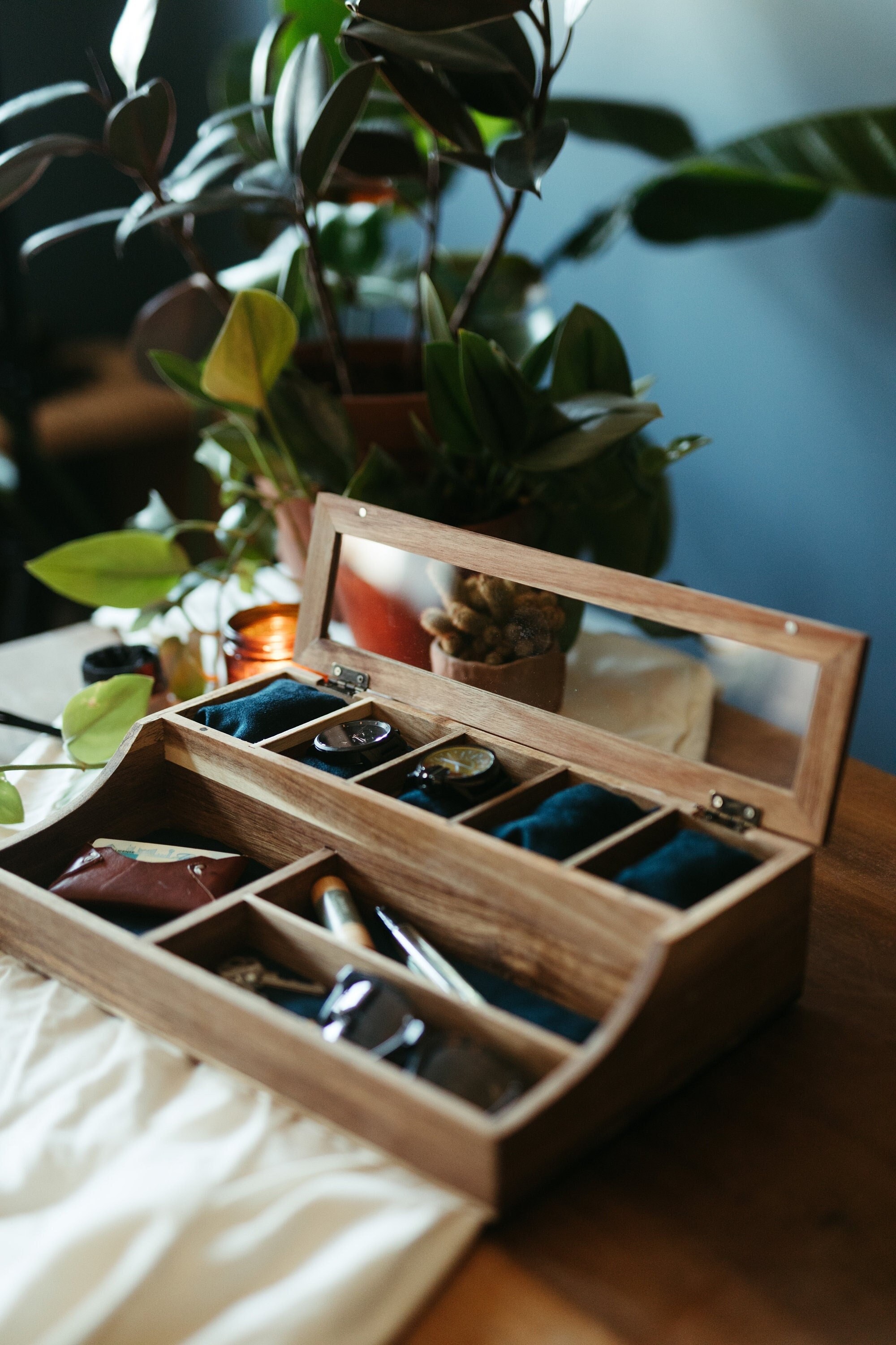 Acacia Valet Watch Box -  5 Compartment Glass Watch Box - Men's Valet - Watch Storage - Watch Organizer
