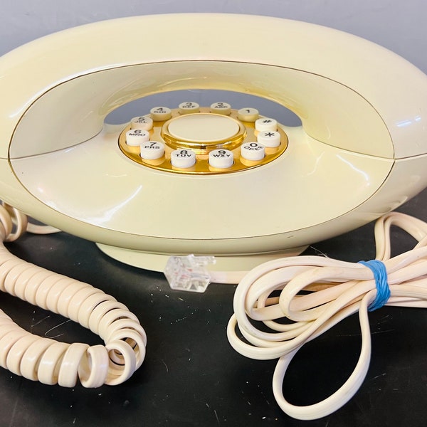 Vintage American Telecom Genie Style Push Button Phone, Ivory With Gold Trim MCM