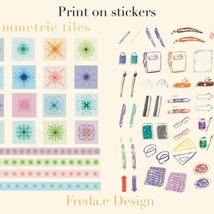 May include: A sheet of stickers featuring colorful geometric patterns and illustrations of office supplies, including pens, pencils, rulers, and a calculator. The text "Print on stickers" and "symmetric tiles" is at the top of the sheet. The text "Freda.e Design" is at the bottom of the sheet.