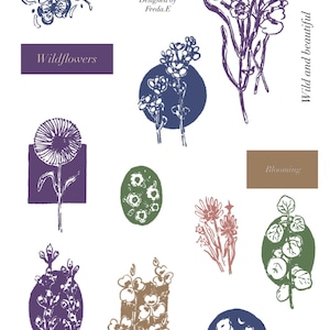 Garten / Wildblumen / One Line Blumen Druck auf Aufklebern