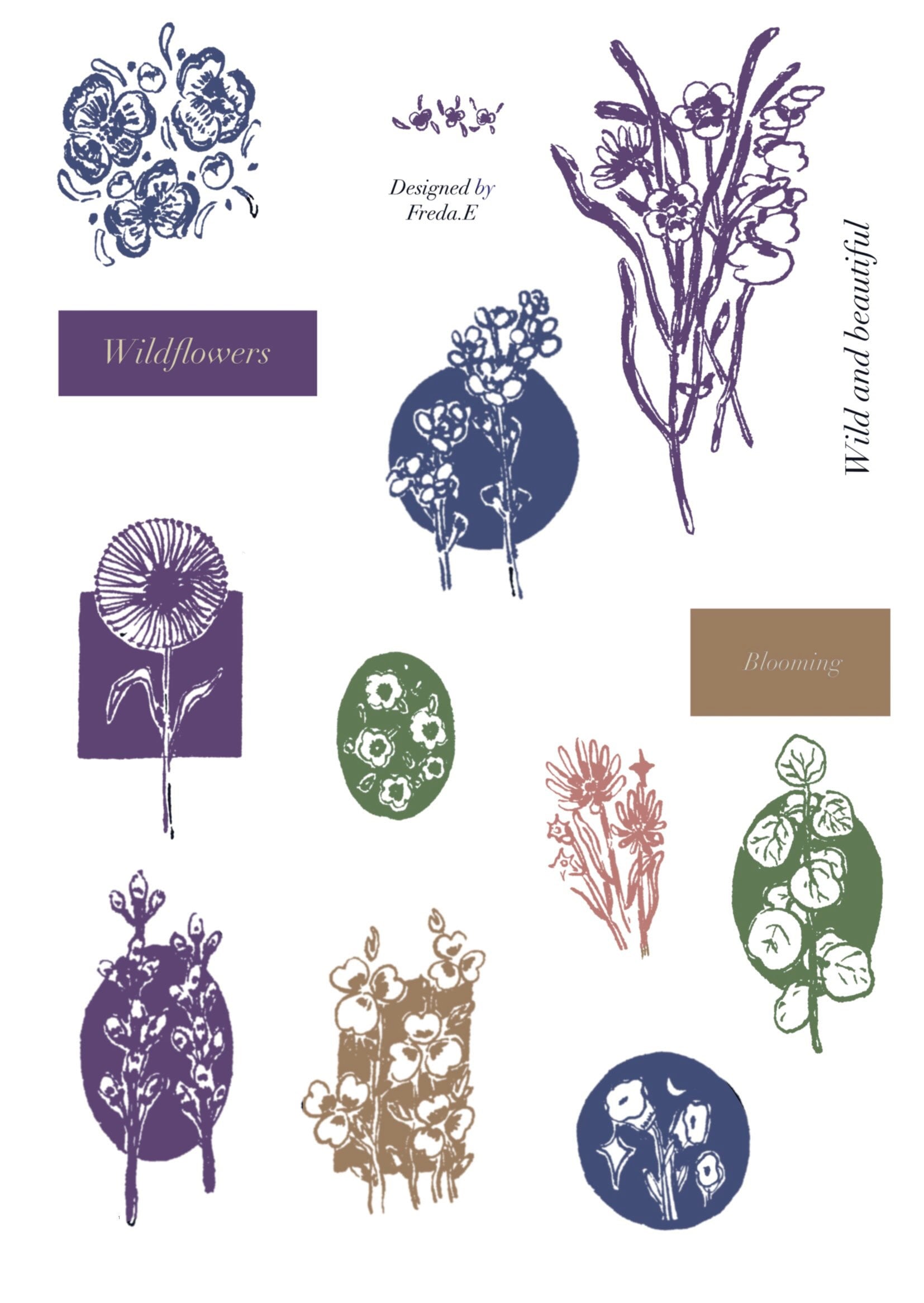 Garden/ wildflowers/ one line flowers print on stickers transfer stickers