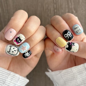 free shipping Natural Cute Press on Nails, Cat Gel Fake Nails, Handmade Nails, 3D Reusable Nails, Short Nails/Faux Acrylic Nails