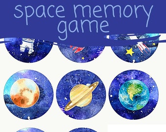 Space memory game, printables for kids, watercolor memory game, Montessori activity matching game, print card pdf,