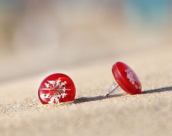 Pendientes Flor de anís rojo tuerca, flor seca prensada, original, regalo para mujer, cumpleaños, aniversario, divertido, resina y flor real